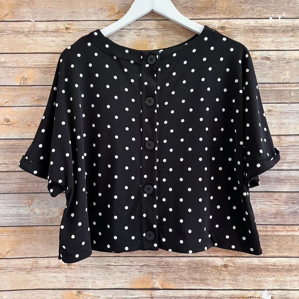 Adrianna Papell Blouse Women’s Size Medium Black Polka Dot Cropped Dolman NWT - Picture 2 of 8